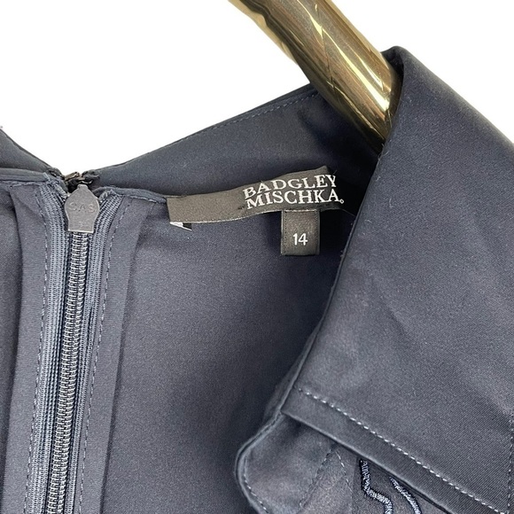 BADGLEY MISCHKA NAVY SATEEN FLORAL EMBROIDERED SHIRT COLLAR FITTED SHEATH DRESS - Picture 12 of 14